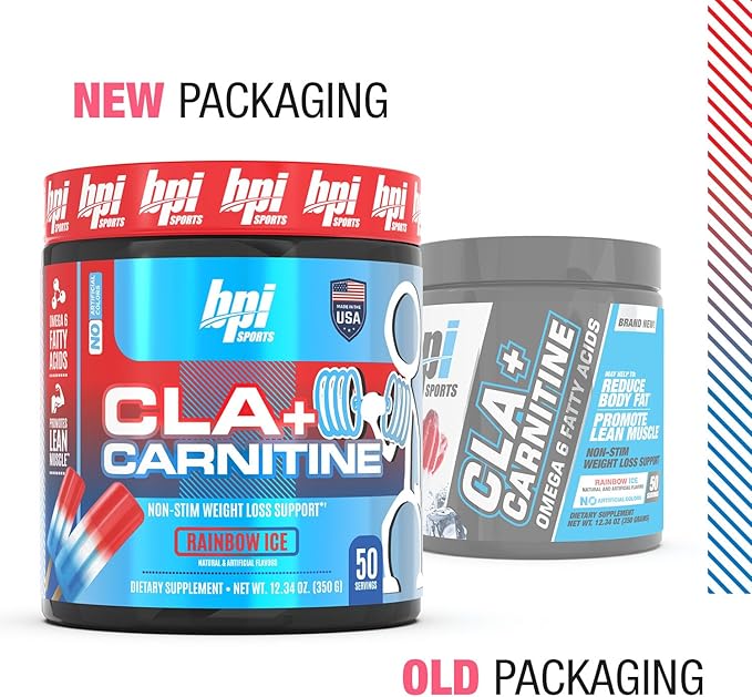 BPI Sports CLA+Carnitine – CLA L Carnitine & Linoleic Acid – L Carnitine Supplement for Weight Loss, Metabolism & Lean Muscle – Caffeine Free – Rainbow Ice – 50 Servings – 12.34 oz