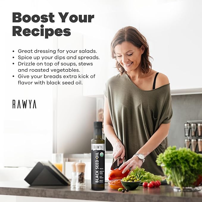 RAWYA Black Seed Oil - USDA Organic Certified - Cold Pressed - 8.4 Fl oz - Extra Virgin - Turkish Black Cumin Seed - Premium Nigella Sativa with Thymoquinone - Kalonji - Non-GMO, Gluten-Free - Nutritional Supplements - Extra Strong Taste