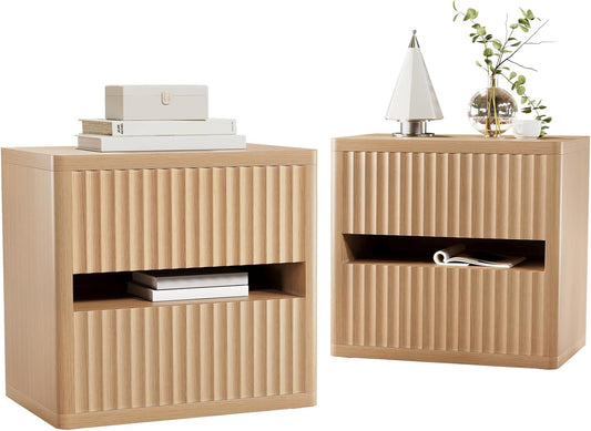 Dripex Fluted Nightstand Set of 2 with Drawers Storage, Large Wide Wood Night Stand Bedside Tables for Bedroom, Mid-Century Modern Bed Side Table, End Tables for Living Room Sofa Couch, Natural Oak