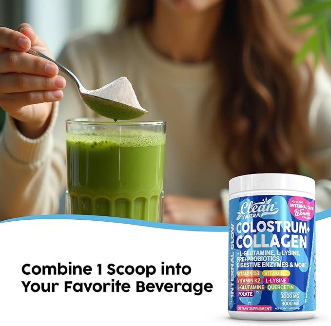 Bovine Colostrum Powder + Collagen Peptides with L-Glutamine L-Lysine Prebiotics Probiotics Digestive Enzymes Vitamin D K2 C Quercetin & Folate | Gut Health Supplement Internal Glow by Clean Nutra