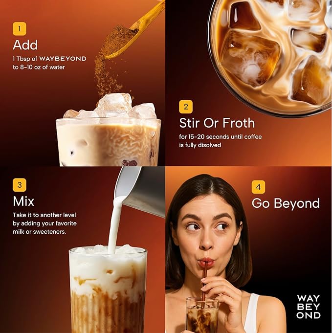 WAY BEYOND Organic Instant Bold Mushroom Coffee with 90mg Caffeine, Adaptogenic Mushrooms for Increased Focus, Energy, Digestive Health, and Stress Relief
