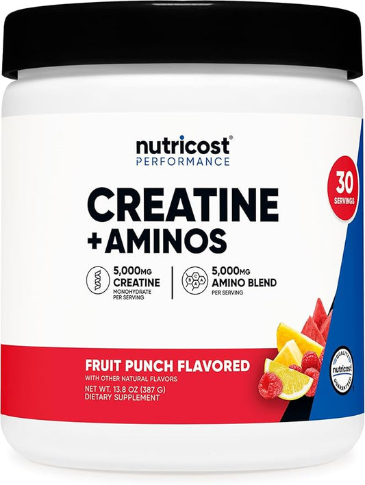 Nutricost Creatine + Aminos 30 Servings (Fruit Punch Flavored) - 5,000mg Creatine Monohydrate + 5000mg Amino BCAA Blend Per Serving