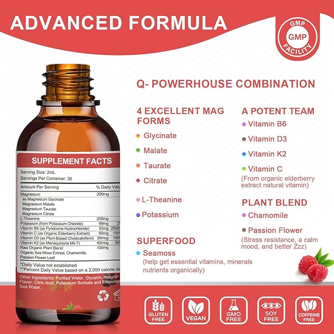 Magnesium Glycinate Liquid Drop - Triple Absorption Supplement to Support Nerves, Sleep, Calm, Heart, Muscles * -Sugar-Free with Potassium, L-Theanine, Sea Moss, Vitamin B,C,D3, K2-2Pack