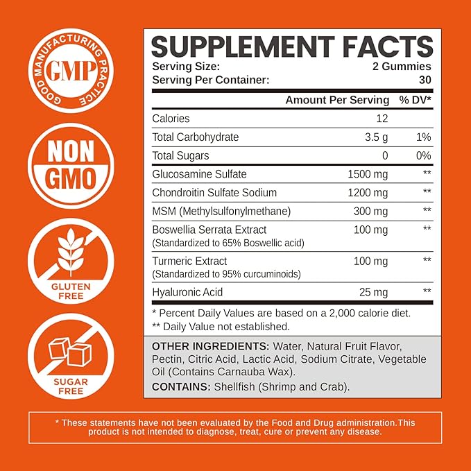 Glucosamine Chondroitin Gummies Sugar Free, Gummies Supplements for Adults Men & Women, 60 Count