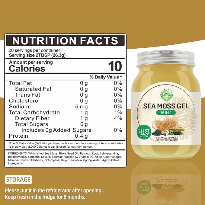 Sea Moss Gel 16 in 1 - Irish Sea MossGel 18.5OZ with Wildcrafted SeamossGel, Black Seed Oil, Burdock Root, Ashwagandha, Bladderwrack - Rich in Vitamins & Minerals - Non-GMO & Natural
