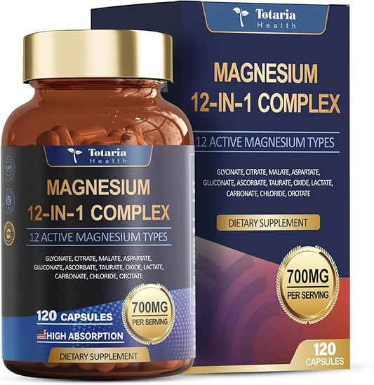 Magnesium Complex 700mg 12 in 1 Magnesium Supplement with Glycinate Citrate Malate Oxide Taurate Aspartate Orotate Magnesium Relaxation,Muscle,Heart Support, Vegan 120 Capsules