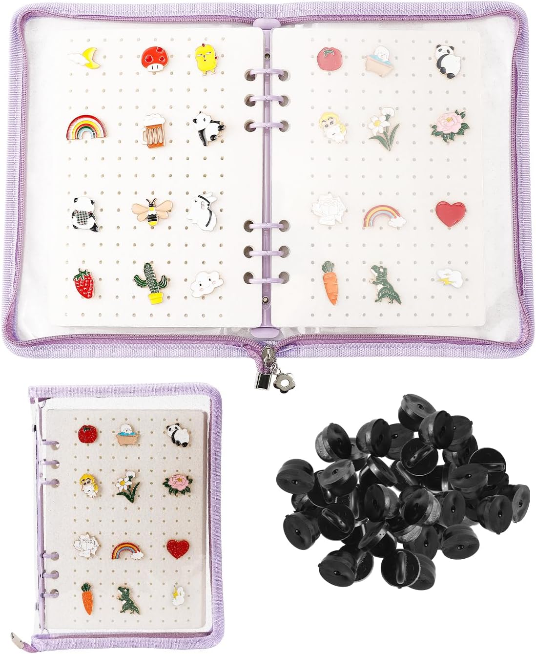 UCEC Enamel Pin Display Book & 50 PCS Pin Backs, A5 Album Pin Collection Binder for Brooch Pins, Purple 6-Page Zippered Pinfolio Trading Organizer, Enamel Pin Storage Display Book, Collectors Album