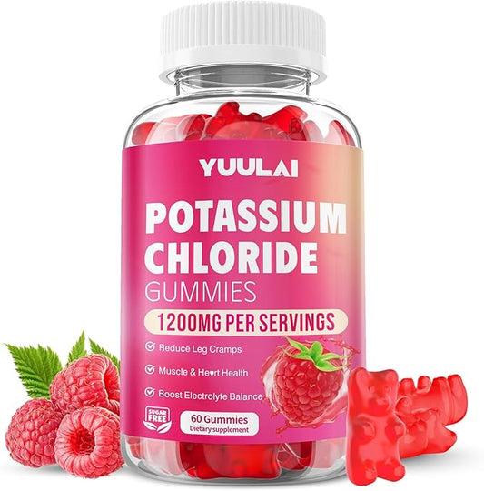 Potassium Gummies, Potassium Chloride Gummies 1200mg for Adults, Sugar-Free Potassium Supplement Support Leg Cramps & Electrolyte Balance, Raspberry Flavor, 60 Count