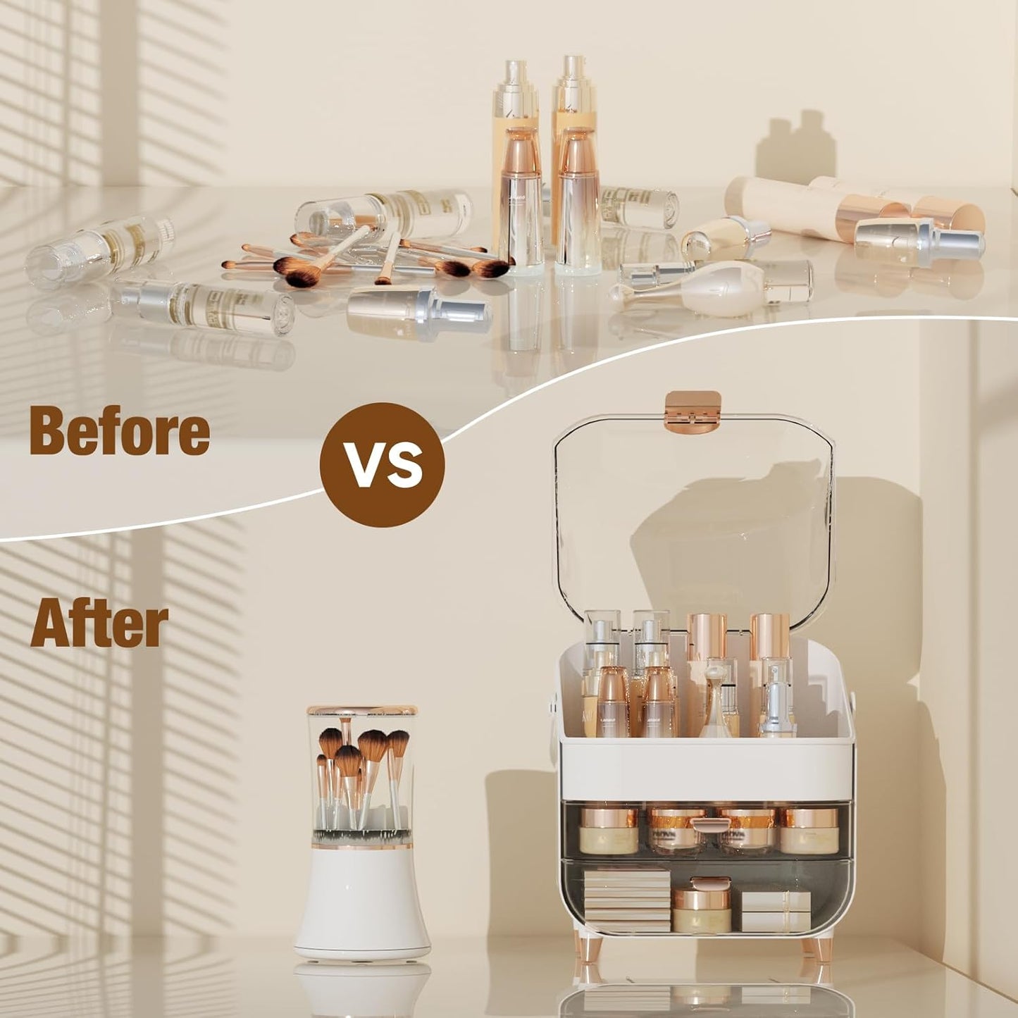 Makeup Organizer Countertop & Makeup Brush Holder with Lid 360 Rotating Clear Dustproof Skincare Holder for Vanity Bathroom Countertop, Ideal Gifts for Women, Transparent, Rose Gold