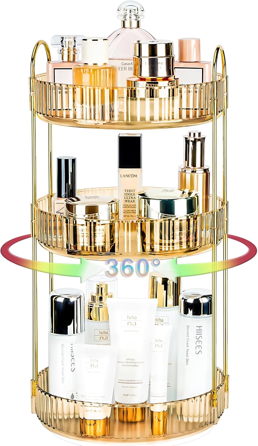 360 Rotating Makeup Organizer - Large Capacity Spinning Perfume & Cosmetic Skincare Holder for Vanity & Countertop (Vibrant Orange, 3 Tier)