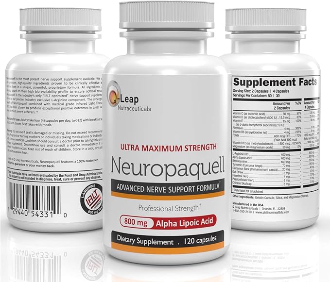 Platinum Health Alpha Lipoic Acid for Neuropathy Nerve Pain Support, Supplement, B Vitamins, L Arginine, All Natural Maximum Strength Neuropaquell for Discomfort in Feet, Hand, Toes,120 Capsules,800mg