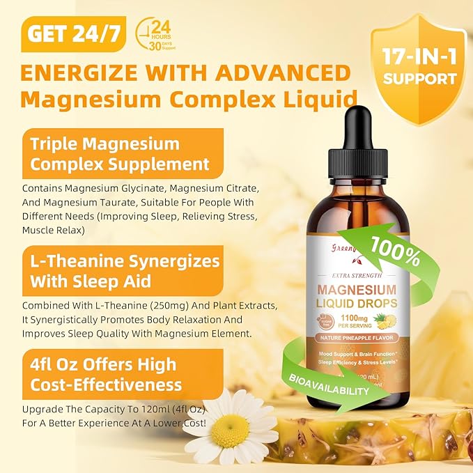 Magnesium Glycinate Liquid Drop - 17-in-1 4Fl. Oz Triple Magnesium Complex Supplement with Glycinate 400mg & Citrate 500mg Taurate/L-Theanine for Calm Mood/Muscle/Sleep,Pineapple Flavor