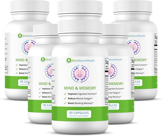 Ben's Natural Health Mind and Memory - Memory Supplement for Brain Health - Nootropic Brain Supplement for Men and Women - Ginkgo Biloba Green Tea Supplement for Focus and Memory (Pack of 6)