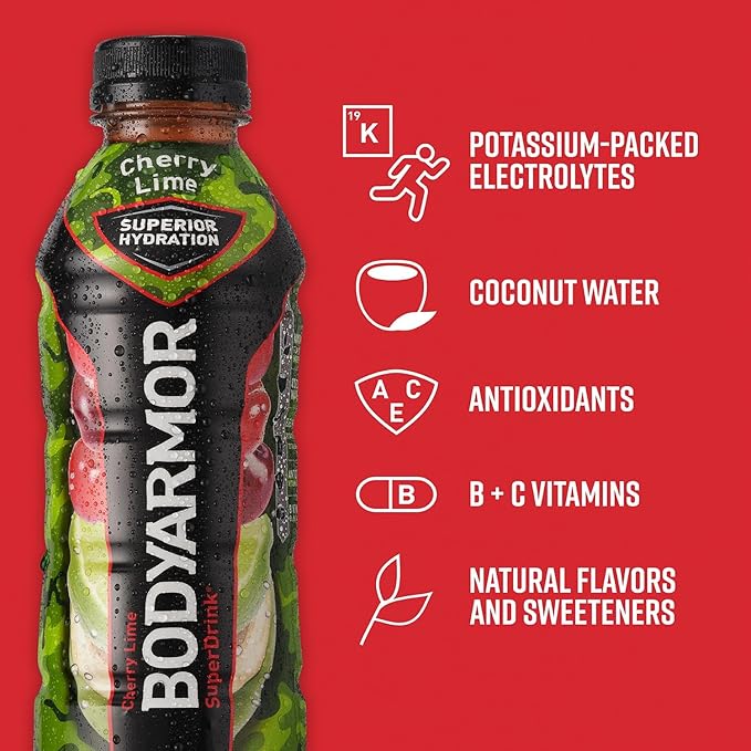 BODYARMOR Sports Drink Sports Beverage, Cherry Lime, Coconut Water Hydration, Natural Flavors With Vitamins, Potassium-Packed Electrolytes, Perfect For Athletes, 16 Fl Oz (Pack of 12)