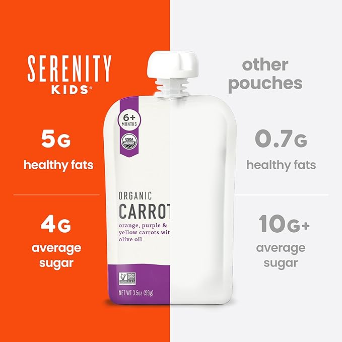 Serenity Kids 6+ Months Carrot Puree Organic Baby Food Pouches - No Added Sugar & Allergen-Free Toddler Food - BPA-Free Baby Snacks - 3.5 Oz, 6 Pack