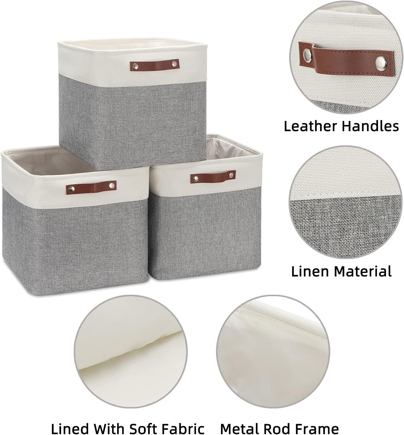 HNZIGE Storage Foldable Storage Baskets Cubes Set(3 Pack) Fabric Bins for Shelves,13 Inch Storage Basket for Organizing with Leather Handles for Home, Toys, Clothes,Closet Storage(White&Gray)