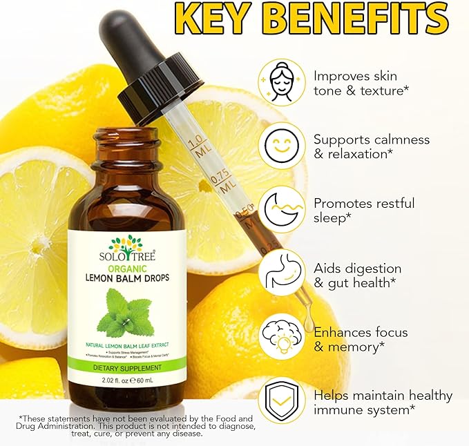 Organic Lemon Balm Extract Drops, Organic Lemon Balm Tincture, Digestive Relief & Anti-Bloat Support, Alcohol-Free, Vegan, Non-GMO, Gluten-Free - 60ml (2PCS)