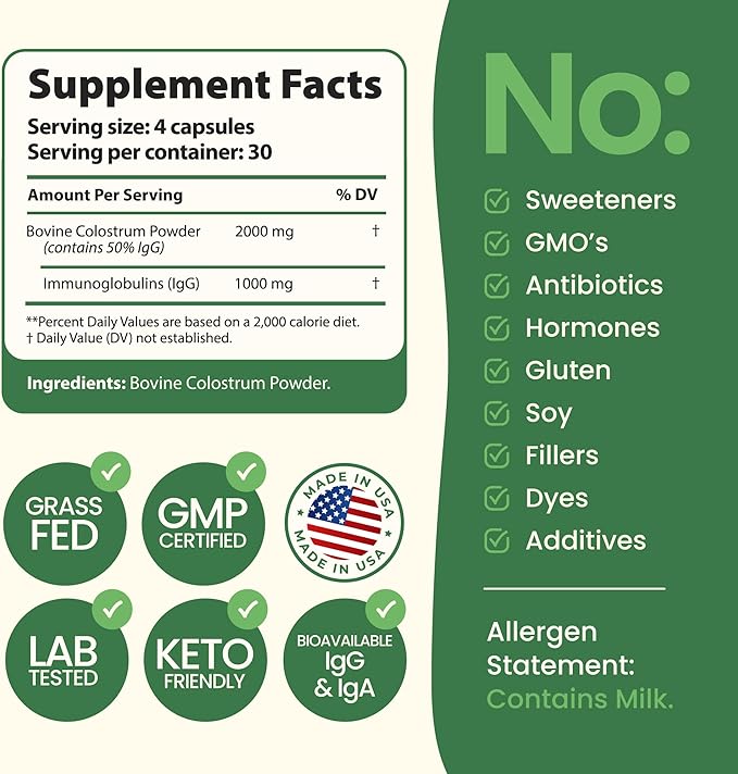 Super Colostrum Grass Fed Bovine Colostrum - 120 Capsules - Gut Health, Muscle Recovery, Energy, Hair, Skin & Immune Supplement | 50% IgG Cow Colostrum for Humans | Superfood, Gluten Free, Unflavored