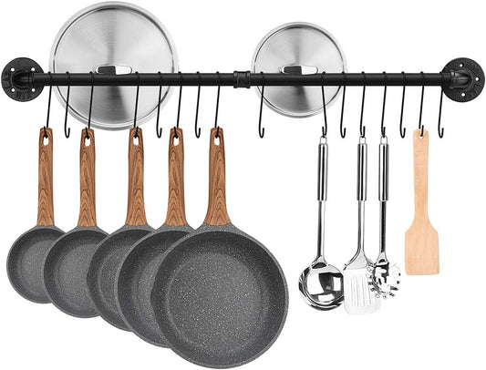 Toplife 39.4 inch Pot Rack, Kitchen Wall Mounted Detachable Pan Lid Utensils Organizer Hanging Rail with 16 Hooks, Black