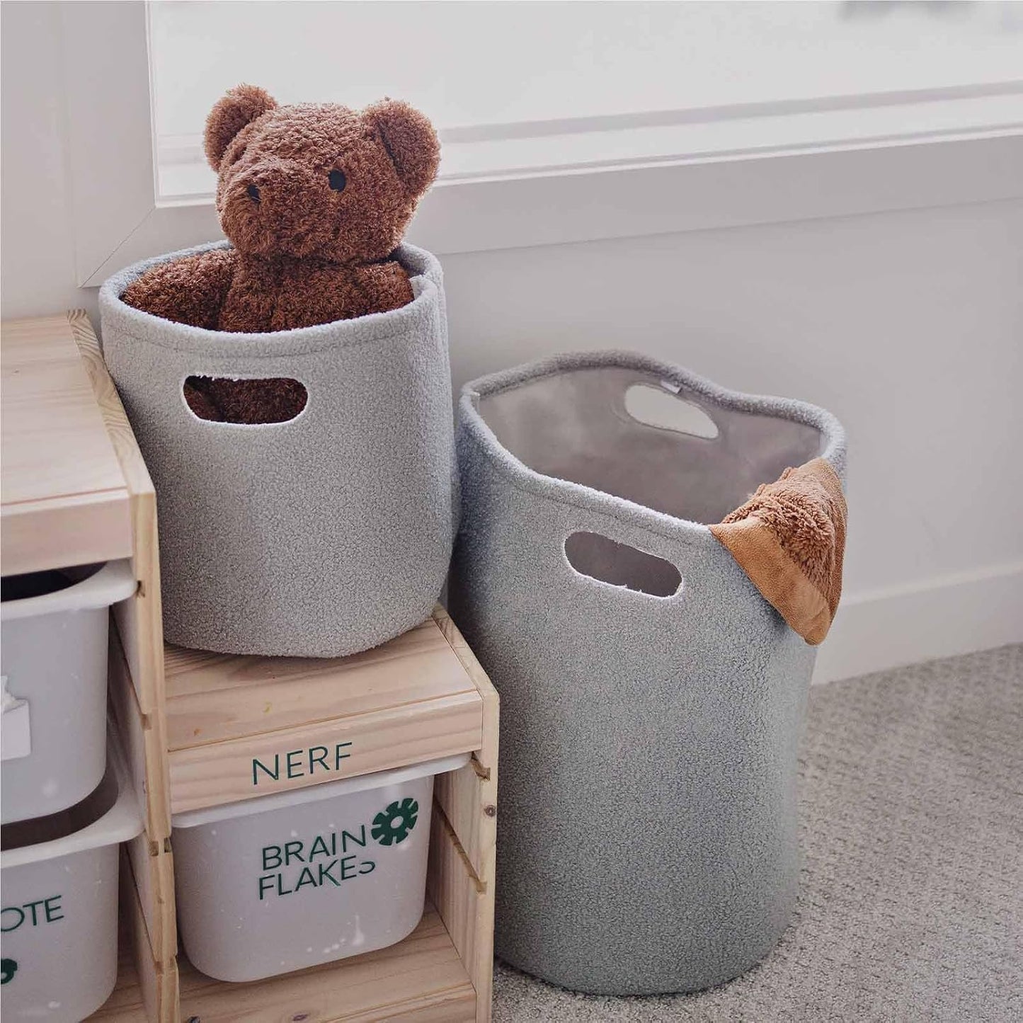 PUTSKA Basket – Round Storage for Toys and Clothes, Stuffed Animals – Soft Baby Girl Basket for Nursery, Kids Room, Bedroom, Living Room – Regular, Grey