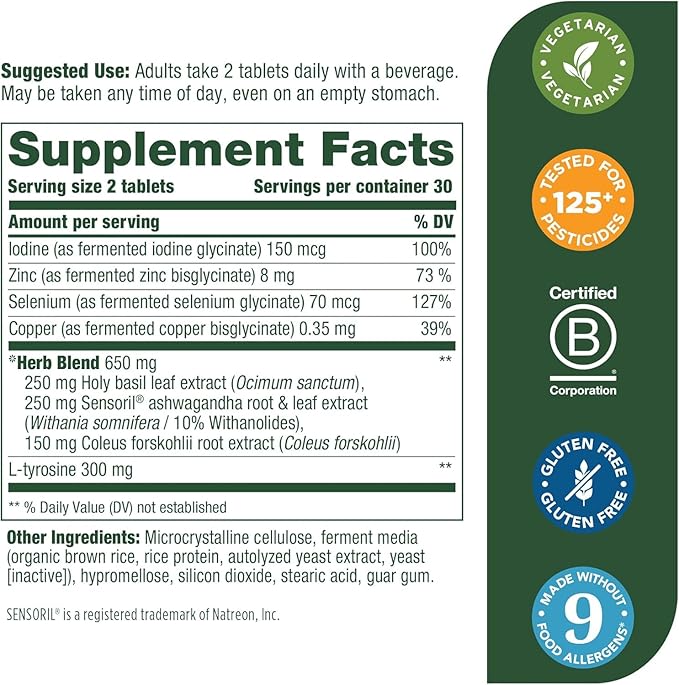 MegaFood Thyroid Strength - Mineral Supplement - Thyroid Support for Women with Ashwagandha, Zinc, Selenium, Copper, Iodine & L-Tyrosine & Herb Blend - Vegetarian - 60 Tabs (30 Servings)