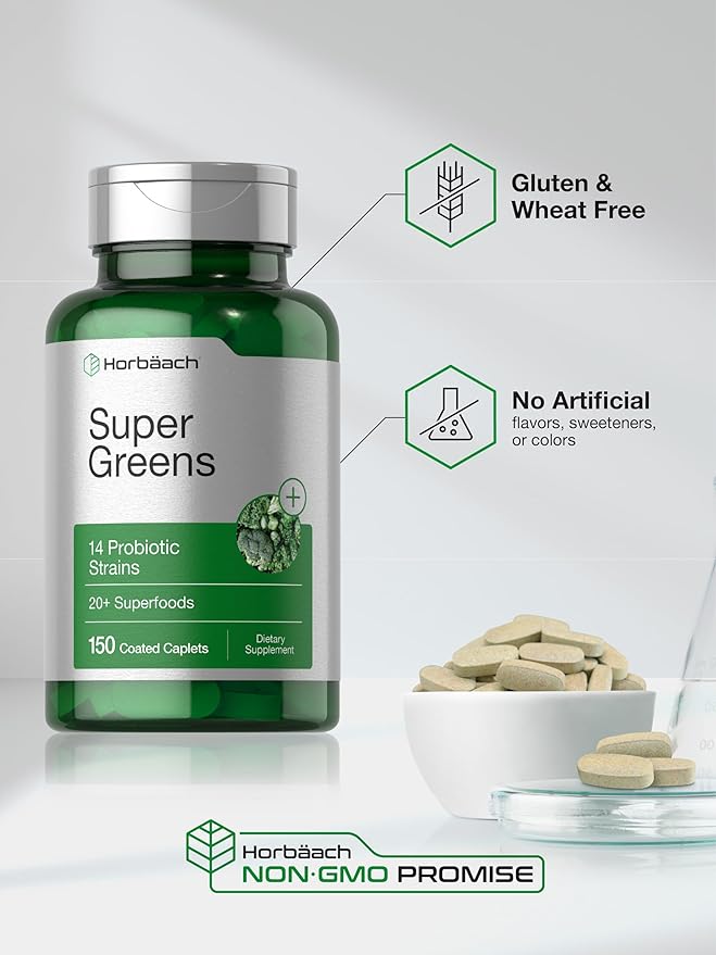 Horbäach Super Greens Supplement with Probiotics | 150 Caplets | Non-GMO, and Gluten Free
