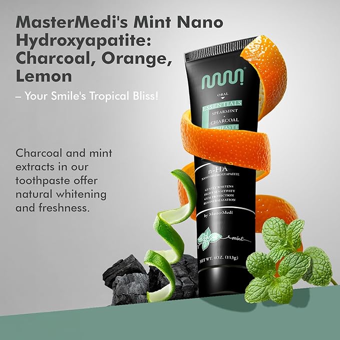 MasterMedi Charcoal Toothpaste with Nano Hydroxyapatite – Fluoride Free, SLS Free, Sensitive Whitening, Enamel Support, Spearmint Flavor, Dentist Recommended, 4 oz (Pack of 2)