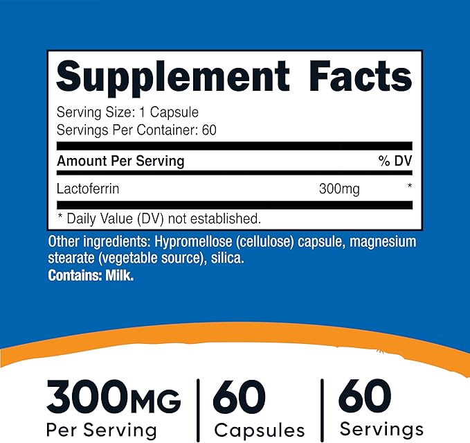Nutricost Lactoferrin Capsules (60 Capsules, 300mg) Third-Party Tested, Gluten-Free, Vegetarian, GMP Compliant, Non-GMO Product - 60 Servings