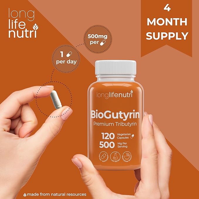 BioGutyrin – Tributyrin 500mg, Postbiotic Supplement for Gut Function & Nutrient Absorption, 120 Vegetarian Capsules, Butyric Acid for Butyrate Production, 4-Month Supply, GMP Certified, Made in USA