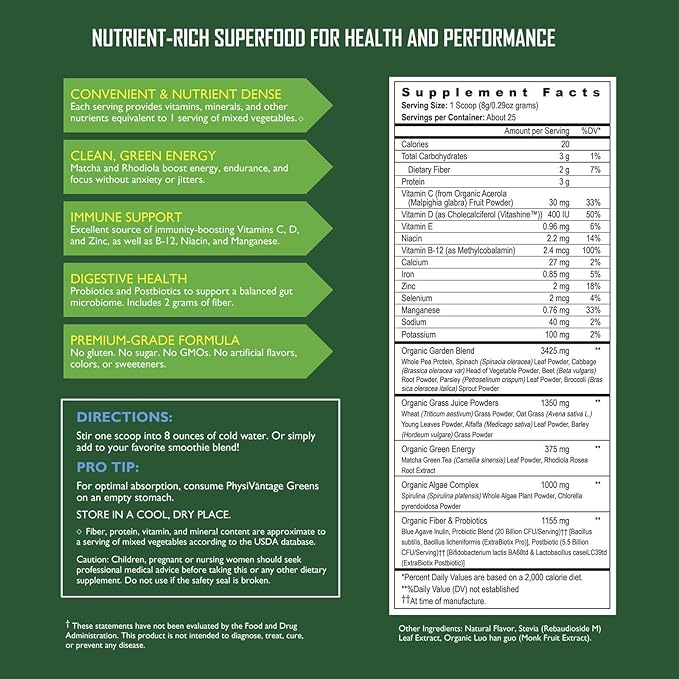 PhysiVantage - Organic Greens Powder - Helps Support Energy, Immunity, & Digestive Health - Prebiotics, Probiotics, Post-biotics - Natural Detox - Vegan - 25 Servings