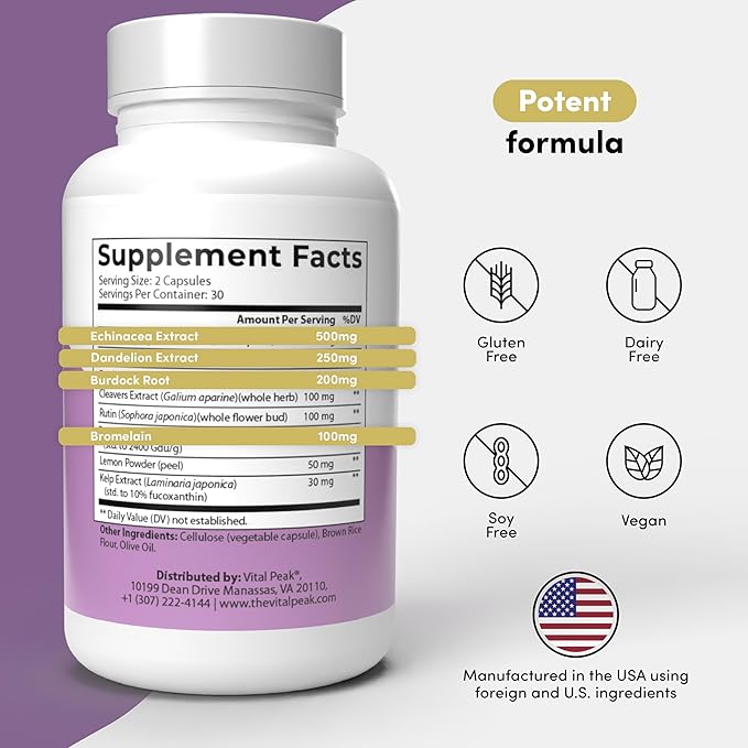 Lymph Peak - Lymphatic Drainage Supplements - Lymph System Support - with Burdock Root, Echinacea Extract, Bromelain, Dandelion Extract & More - Vegan, Non GMO, Gluten Free - 60 Capsules