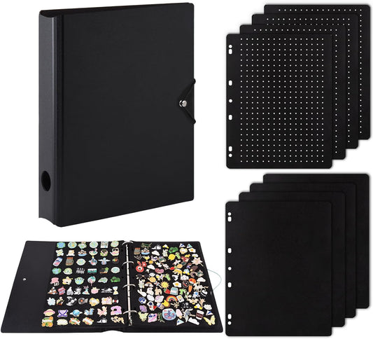 Enamel Pin Display Binder - Large Collection Storage Organizer Book with 8 Flip-Pages, 4 Ring Pin Display Folder for Brooch Buttons and Lapel Collectors. Black