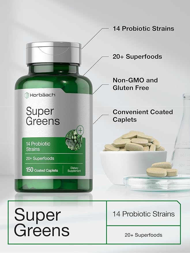 Horbäach Super Greens Supplement with Probiotics | 150 Caplets | Non-GMO, and Gluten Free