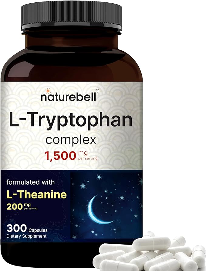 NatureBell L Tryptophan 1300mg with L Theanine 200mg, 300 Capsules | Active Free Form, Plant Based Supplement – Calm Formula, Supports Relaxation – Non-GMO & No Gluten