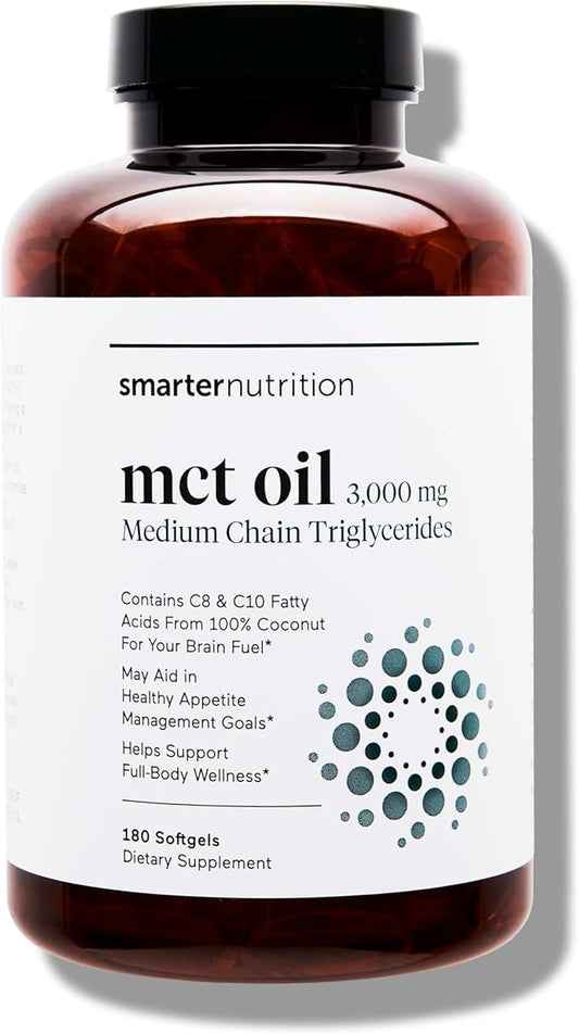 SMARTERNUTRITION Coconut MCT Oil Capsules C8 & C10 3000 mg - Ketogenic Fuel for Brain & Body, 100% Cold-Pressed Coconut Oil - Energy for Keto - Gluten-Free, Non-GMO - 180 Count - 60-Day Supply