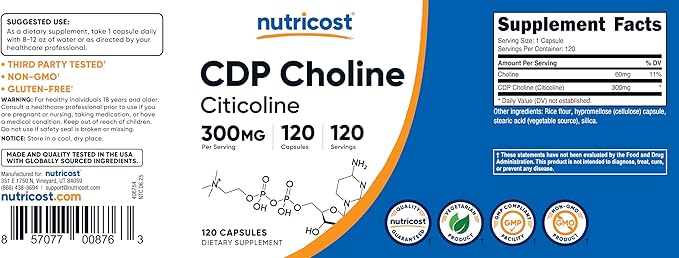 Nutricost CDP Choline (Citicoline) 300mg, 120 Vegetarian Capsules - Non-GMO, Vegetarian Friendly, Gluten Free