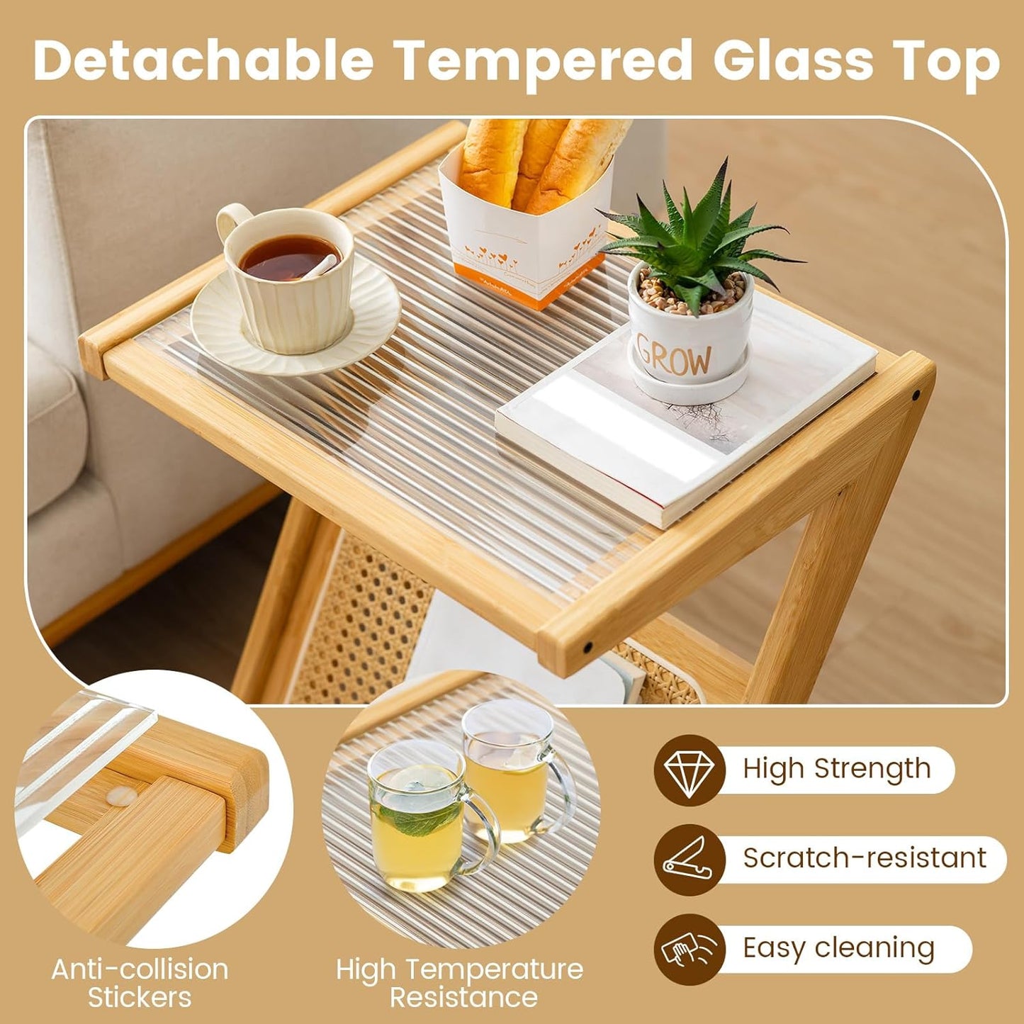 GOFLAME Rattan Side Table, Z-Shaped End Table with Tempered Glass Top, Magazine Rack, Boho Night Stand, Small Coffee Table, Bamboo Accent Bedside Table for Living Room, Bedroom, Natural