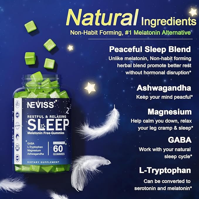 NEVISS Melatonin Free Sleep Aid Gummies for Adults - Magnesium Glycinate Gummies | GABA, L-Tryptophan, Magnesium, Ashwagandha - Non-Habit Forming, Help for Deep Relaxation - Vegan, Lemon Flavor, 1Pack