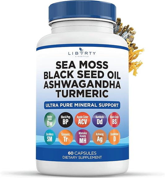 Sea Moss Black Seed Oil Ashwagandha Turmeric Bladderwrack Burdock - with Manuka, Honey Dandelion, ACV Black Pepper Gluten Free - 1-Pack