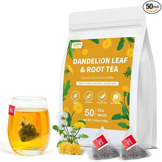 Dandelion Leaf and Root Tea, Natural Dandelion Tea for Liver & Kidney Health, Roasted Detox Herbal Cleanse Teabags for Men Women, Support Boost Immune System, Caffeine Free (1 Pack/50 Bags)