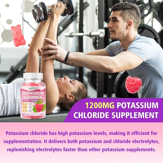 Sugar Free Potassium Gummies for Adults with 1200mg Potassium Chloride - Supports Muscle Health & Leg Cramps, Raspberry Flavor, 60 Gummies