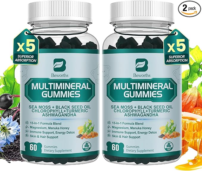Sea Moss Black Seed Oil Ashwagandha Gummies, Irish Sea Moss Chlorophyll Gummy Supplement with Turmeric, Magnesium, Chlorophyll, Elderberry, Manuka Honey - Immune & Gut Detox Support | Vegan