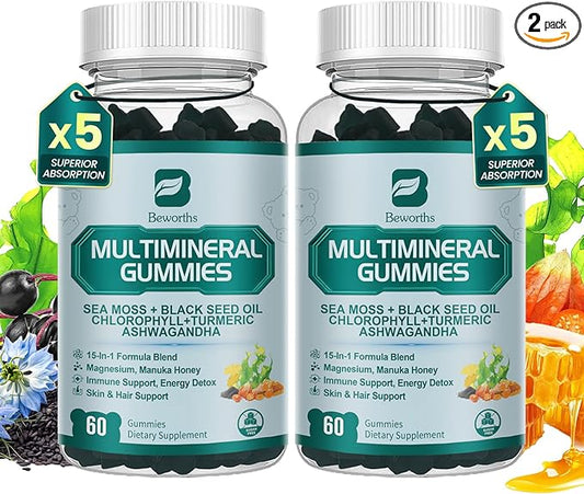 Sea Moss Black Seed Oil Ashwagandha Gummies, Irish Sea Moss Chlorophyll Gummy Supplement with Turmeric, Magnesium, Chlorophyll, Elderberry, Manuka Honey - Immune & Gut Detox Support | Vegan