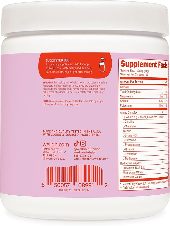Wellah So Long Soreness BCAA Powder (Strawberry Mango Flavored) 30 Servings - with Hydration Complex