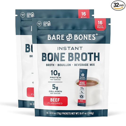 Bare Bones Beef Bone Broth Instant Powdered Mix | Rich Savory Packets on-the-Go No Artificial Flavors | 100% Grass Fed Keto & Paleo Friendly | Sticks 10g Protein | 32 Pack
