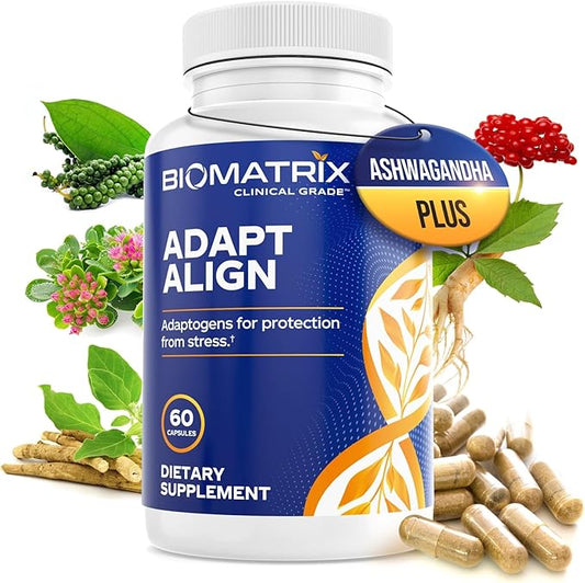 BioMatrix Adaptogen Supplement w/Ashwagandha, L-Theanine, Rhodiola, Ginseng | Cortisol Support, Stress Relief, Focus, Mood | 60 Capsules