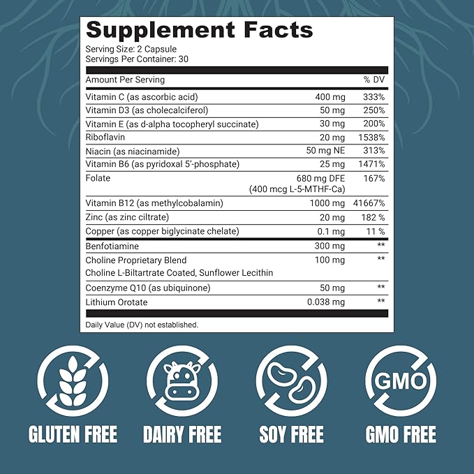 NeuroGenica - 60 Capsules - Balanced Nutrient Formula with Benfotiamine 300mg, B12, Folate, Vitamins C & D3 - Vegan, Soy-Free - Made in USA