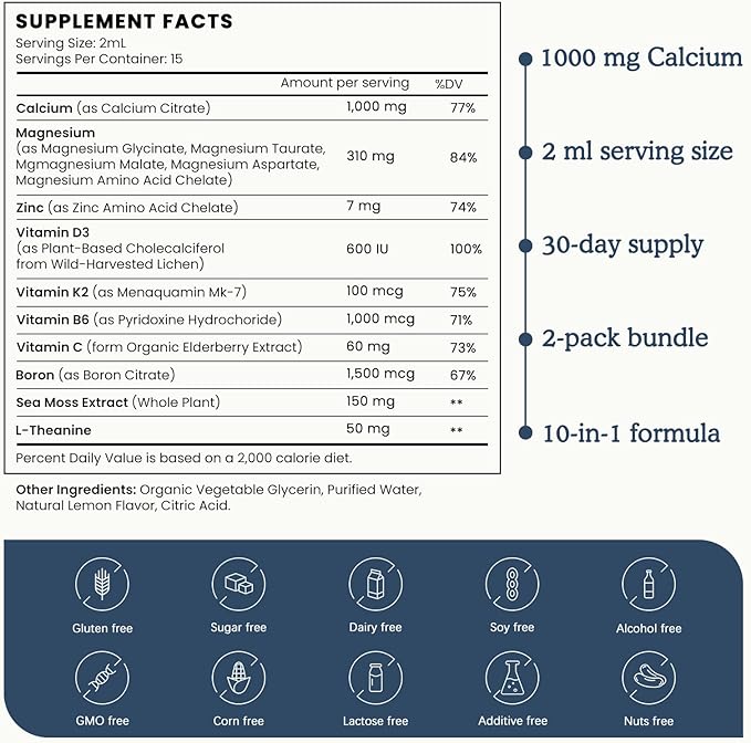 (2 Pack) 10 in 1 Magnesium Calcium Zinc Supplement with Vitamin C D3 K2, Glycinate Mag Vegan Liquid Drops Plus L-Theanine Boron Sea Moss Extract, Immune Support, Bone, Sleep & Leg Cramps, 1 Fl Oz