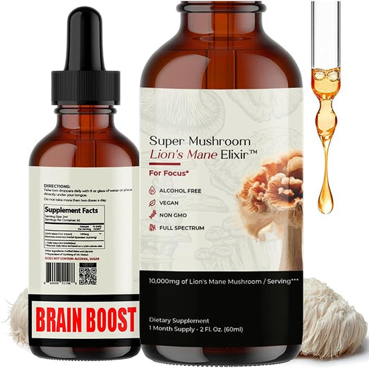Auri Lion’s Mane Liquid Elixir - Brain Supplements for Memory and Focus with Functional Mushrooms - Lions Mane Supplement - Full Spectrum Lion's Mane Extract - No GMO, Vegan Mushroom Tincture