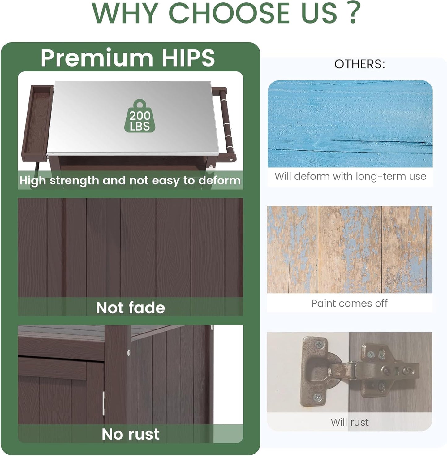 Weatherproof HIPS Outdoor Kitchen Island with Stainless Steel Top & Storage Cabinet, Movable Prep Table with Wheels for BBQ Food Prep, Outdoor Grill Cart for Parties, Brown